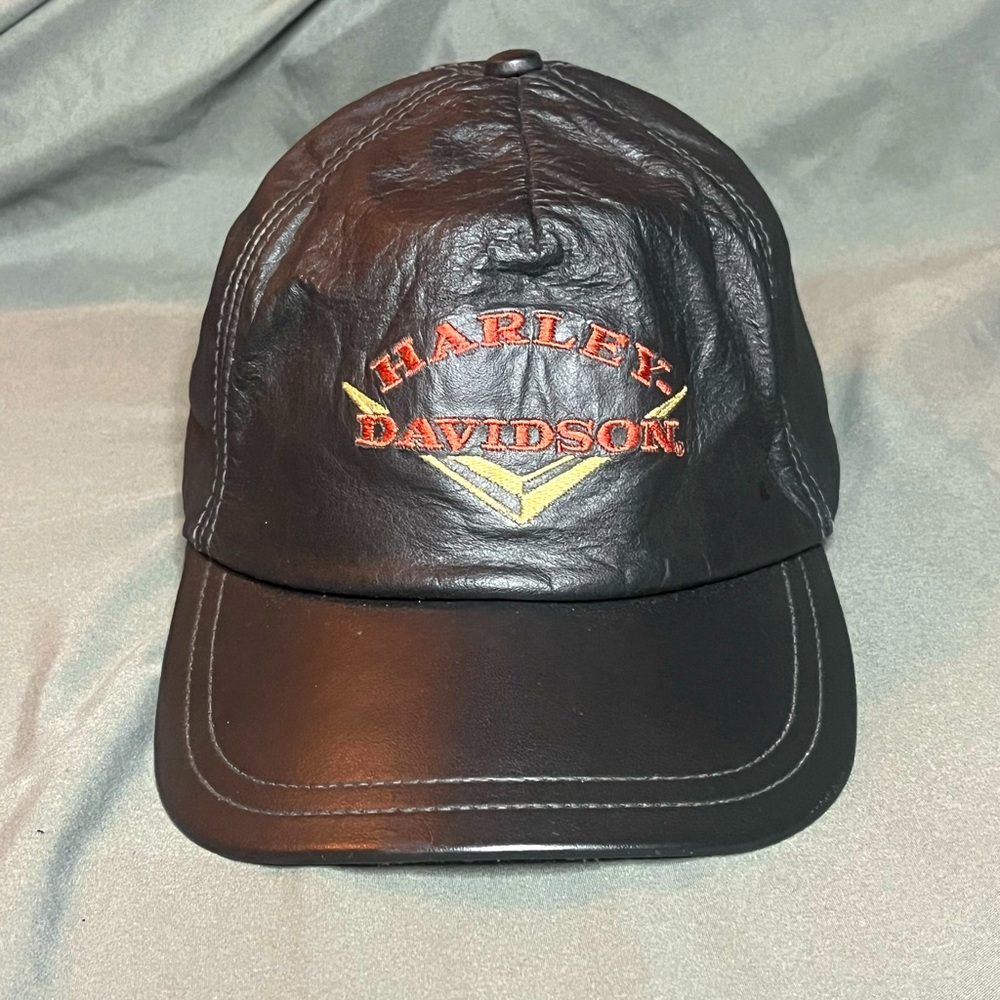 Vintage Harley Davidson V-Twin Leather Baseball Cap Hat‎ OS USA Adjustable Back